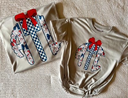 RWB GIRL AND BOY BASEBALL MONOGRAM BUBBLE/TEE