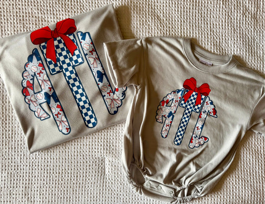 RWB GIRL AND BOY BASEBALL MONOGRAM BUBBLE/TEE